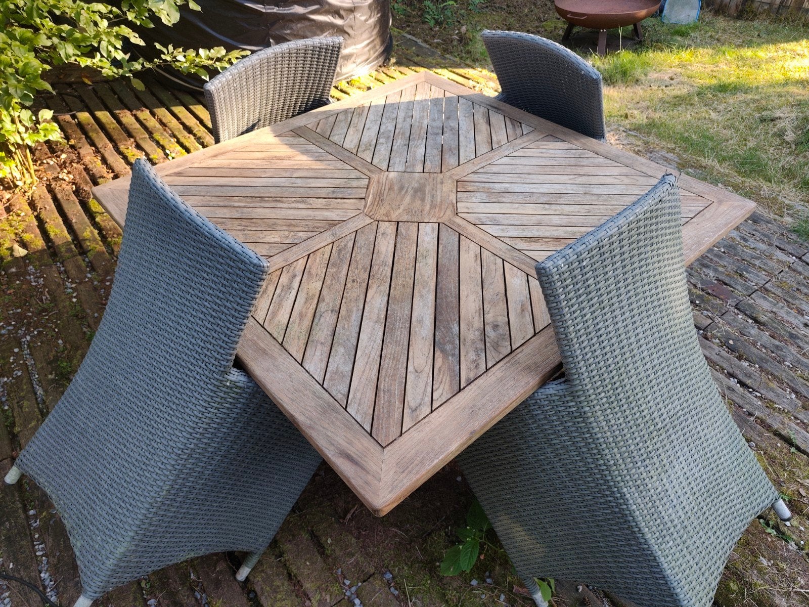 Tafel teak met wickerstoelen, Tuin en Terras, Ophalen