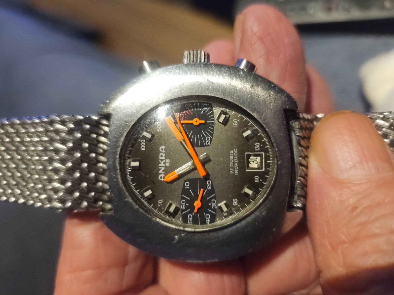 montre Ankra chronographe mécanique année 1970, Enlèvement ou Envoi, Acier