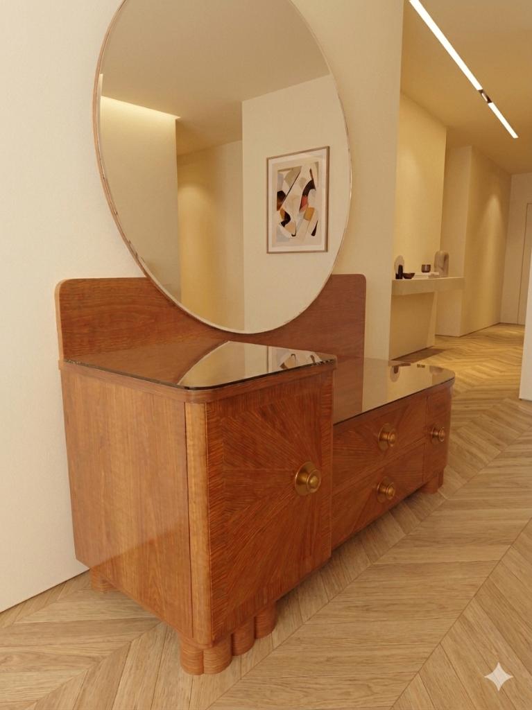 Coiffeuse ancienne, miroir rond, bois plein. Bel état., Utilisé, Bois, 100 à 150 cm, Antiquité