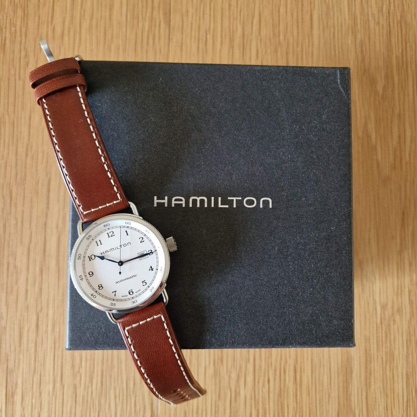Hamilton Khaky Navy Pioneer Auto, Handtassen en Accessoires, Leer, Staal, Polshorloge, Zo goed als nieuw