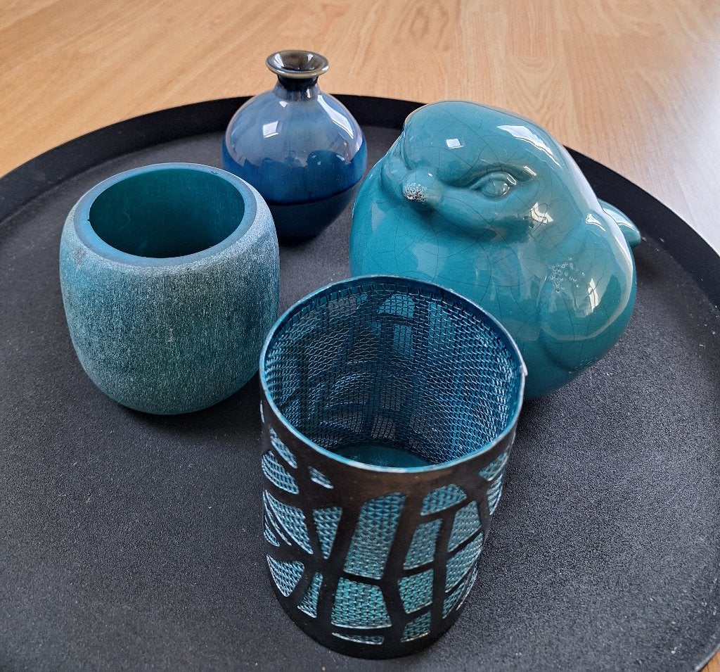 Set de décoration bleu/turquoise avec plateau, Maison & Meubles, Accessoires pour la Maison | Autre, Comme neuf, Bleu, Campagnard