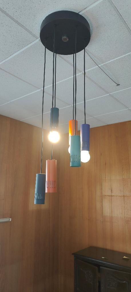 Jaren 60/70 hanglamp met 6 pendels – vintage mid-century, Huis en Inrichting, Ophalen, Gebruikt, Jaren 60/70, Metaal