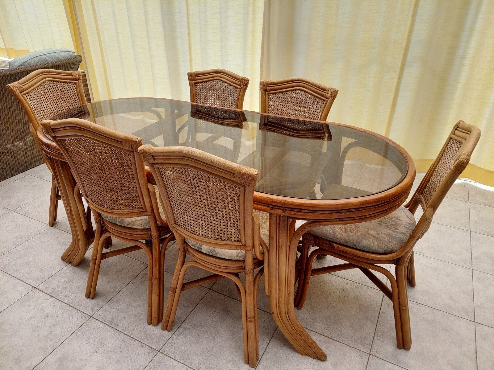 Tafel met glazen blad en 6 stoelen voor veranda, Ophalen, Gebruikt, 50 tot 100 cm, Vijf personen of meer
