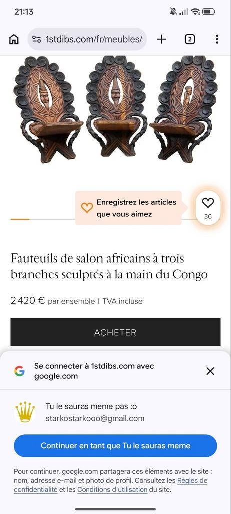 Chaise Africaine d'époque, Enlèvement ou Envoi