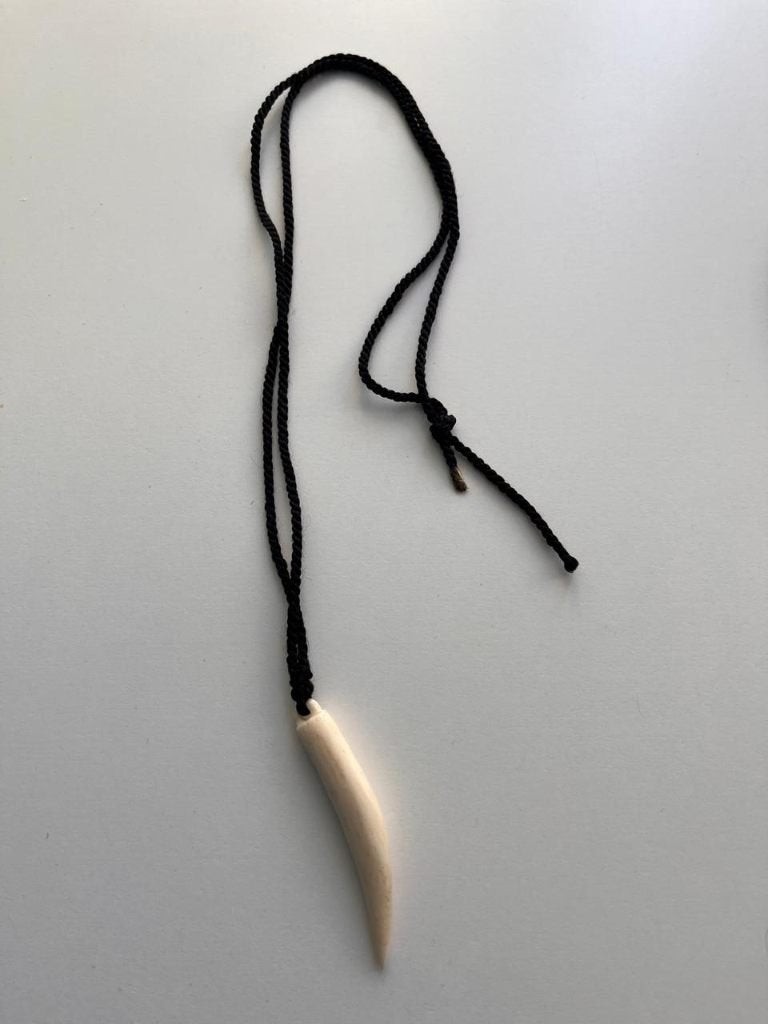 Ivory-look tandvormige hanger aan zwart koord, Ophalen of Verzenden, Gebruikt