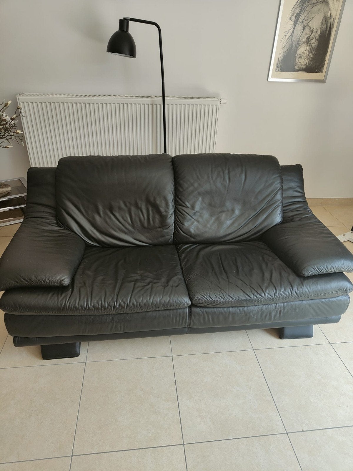 Zwart zacht leder 2 zit salonzetel, Enlèvement