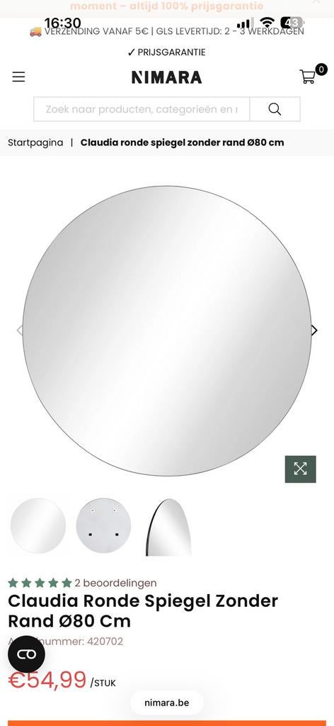 Ronde spiegel 80 x 80, Huis en Inrichting, Woonaccessoires | Spiegels, Ophalen, 100 tot 150 cm, Rond, Nieuw