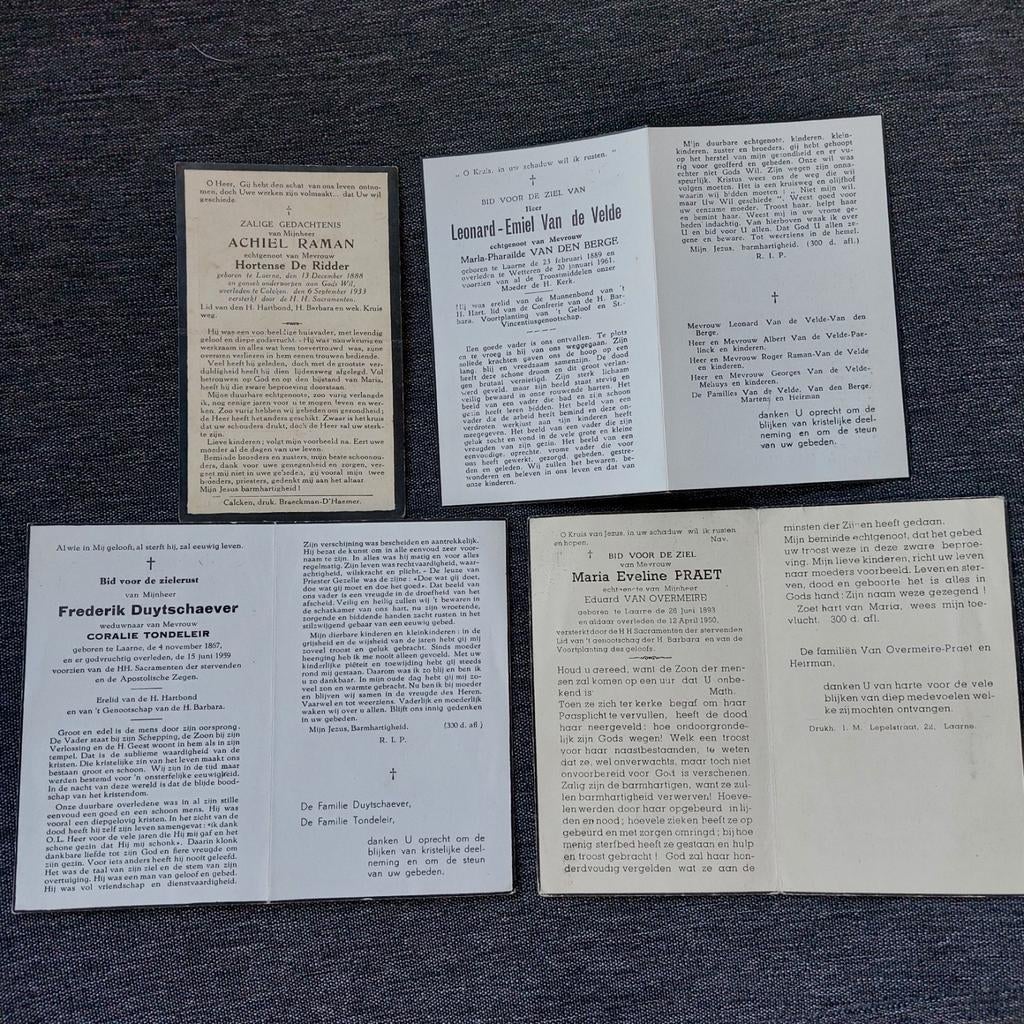 4 oude doodsprentjes van Laarne, Verzamelen, Bidprentjes en Rouwkaarten, Ophalen of Verzenden