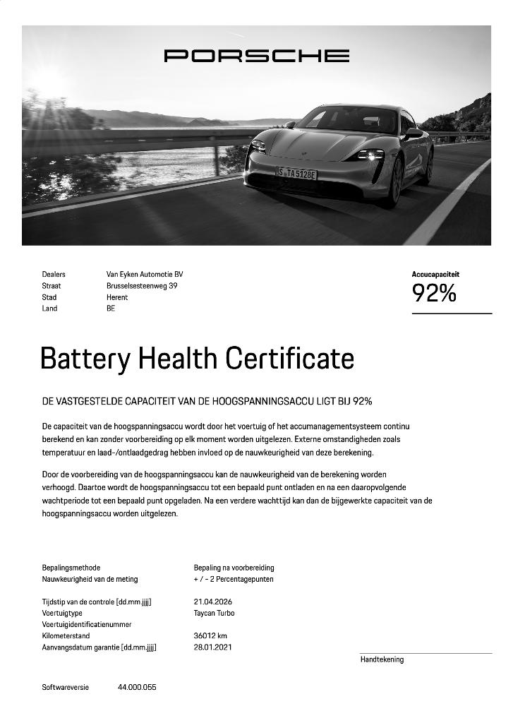 Porsche Taycan / Macan EV - Batterij certificaat / SoH Test, Euro 6, Te koop, Taycan, Elektrisch