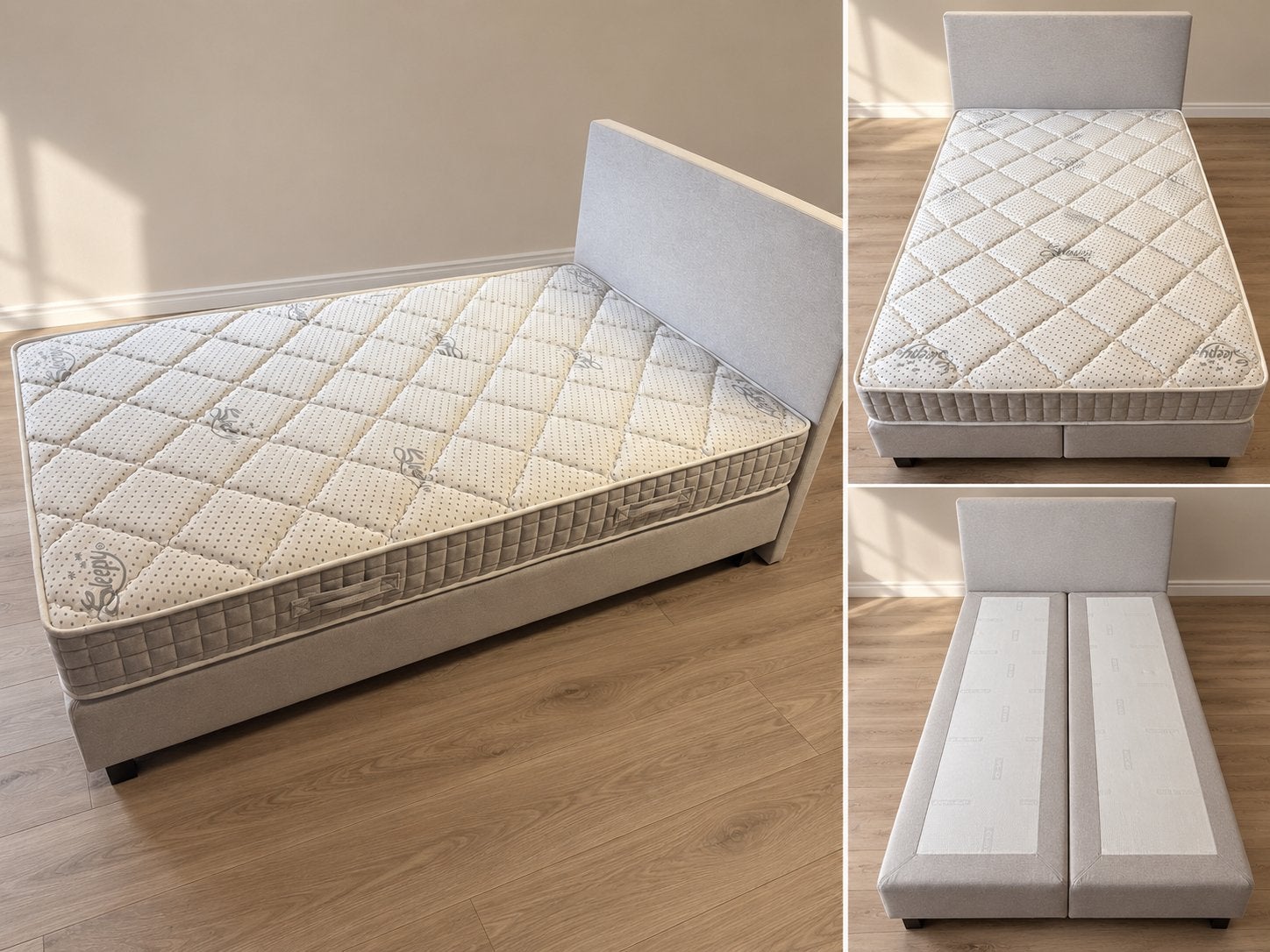 Luxe 1-persoons boxspring – zo goed als nieuw twv €1400, Ophalen, Nieuw, Eenpersoons, Grijs