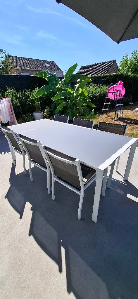 Tuintafel met 6 stoelen alu wit, Tuin en Terras, Ophalen, Gebruikt, 6 zitplaatsen, Aluminium