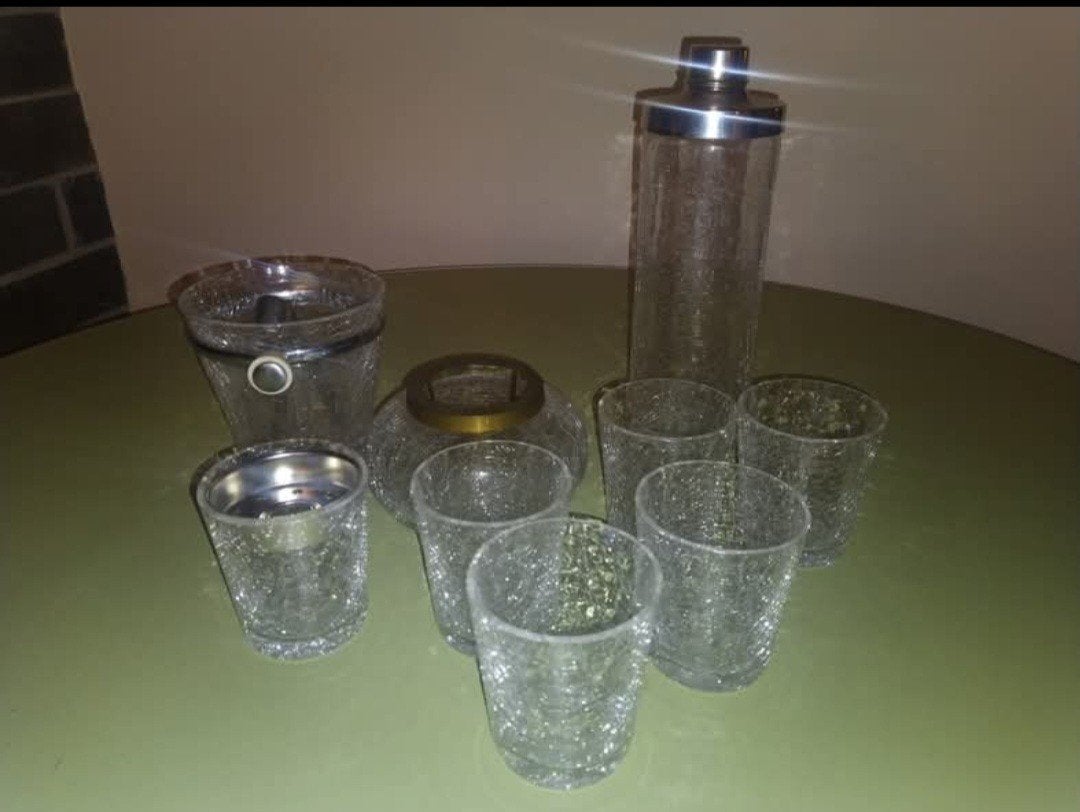Vintage jaren 50 cocktail set + vaas in Craclè glas, Ophalen