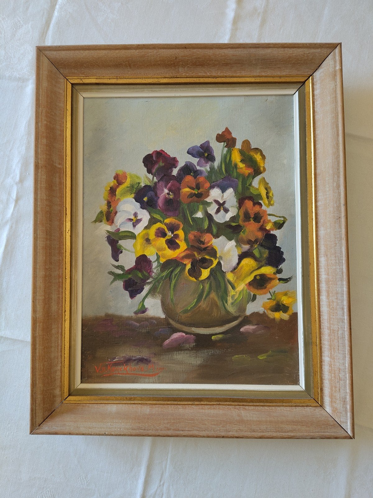Tableau Huile Bouquet Pensées Signé V.D. Kerckhove (2001), Antiquités & Art, Art | Peinture | Classique, Enlèvement ou Envoi, Encadré