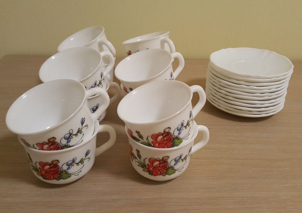 70s Vintage Arcopal Ronsard kop en schotel - set van 12, Enlèvement ou Envoi, Vintage, Comme neuf, Verre