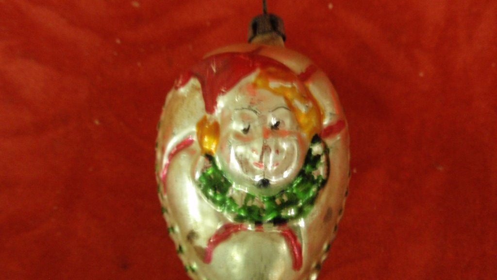 Oude glazen kerstbal gezichtje van clowntje, Diversen, Ophalen of Verzenden, Gebruikt