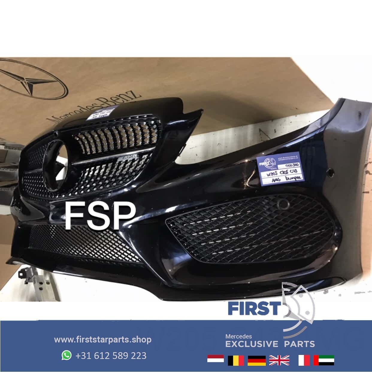 W205 C205 C43 AMG VOORBUMPER ZWART Mercedes C Klasse 2014-20, Gebruikt, -, Voor, Ophalen of Verzenden