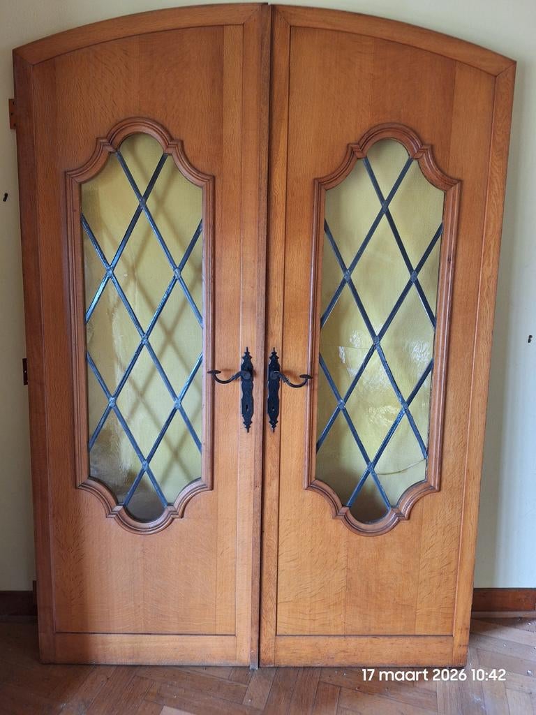 Dubbele houten deuren met loodglas, Antiek en Kunst, Ophalen
