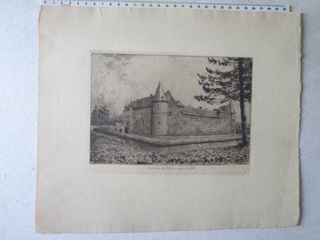 verfijnde ets Adrien de Witte "Château de Fallais état 1881", Antiquités & Art, Eau-forte, Paysage, Signé, 1800 - 1899