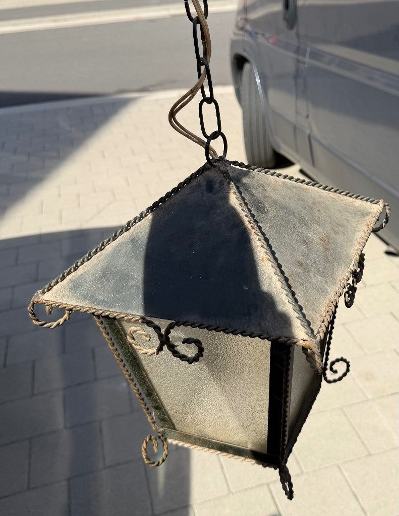 Lanterne suspendue vintage en fer forgé avec verre, Enlèvement, Utilisé, Verre
