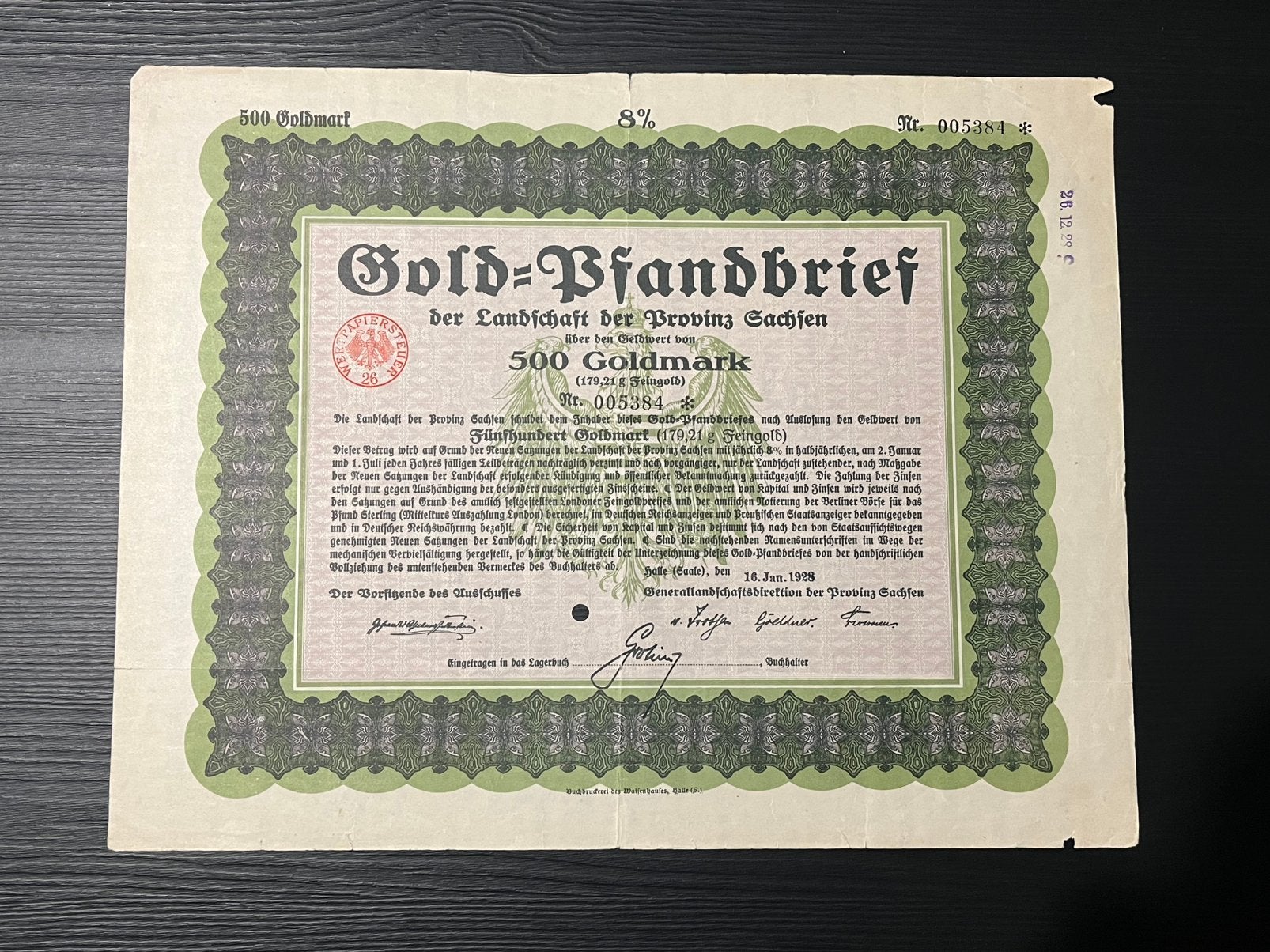Historisch Gold-Pfandbrief — Landschaft der Provinz Sachsen, Ophalen of Verzenden, 1920 tot 1950, Certificaat van aandeel