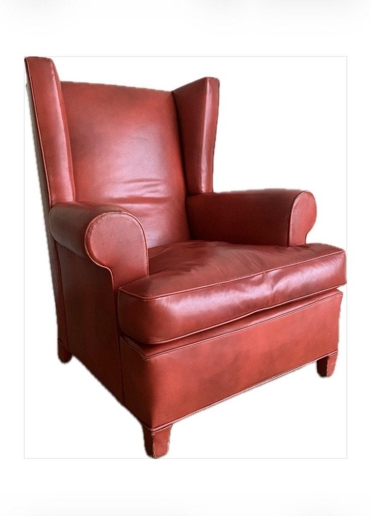Echt lederen vintage oorfauteuil, Ophalen, Leer