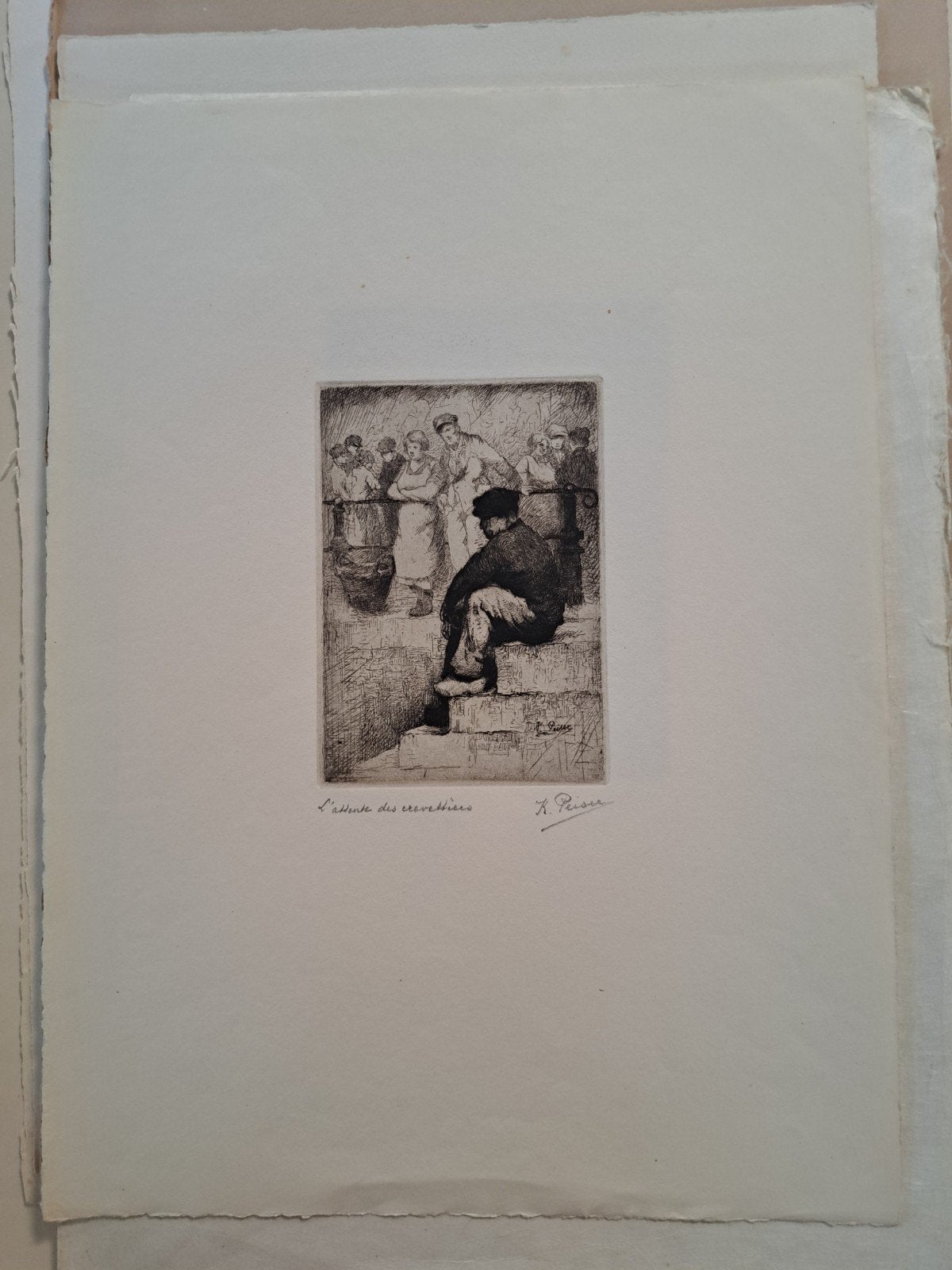 PEISER Kurt "L´attente des crevettiers" ets, Ophalen of Verzenden, Ets, Ingelijst