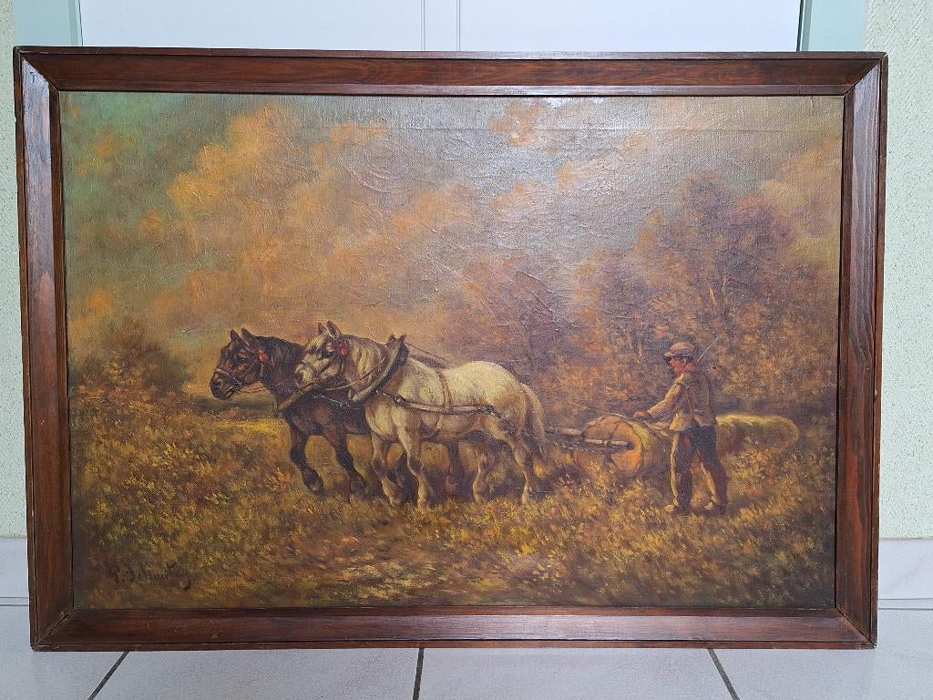 schilderij met paarden van P. Schouten, Antiek en Kunst, Ophalen