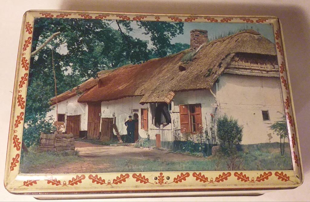 Grote oude blikken doos Bokrijk + sleutel, Ophalen of Verzenden