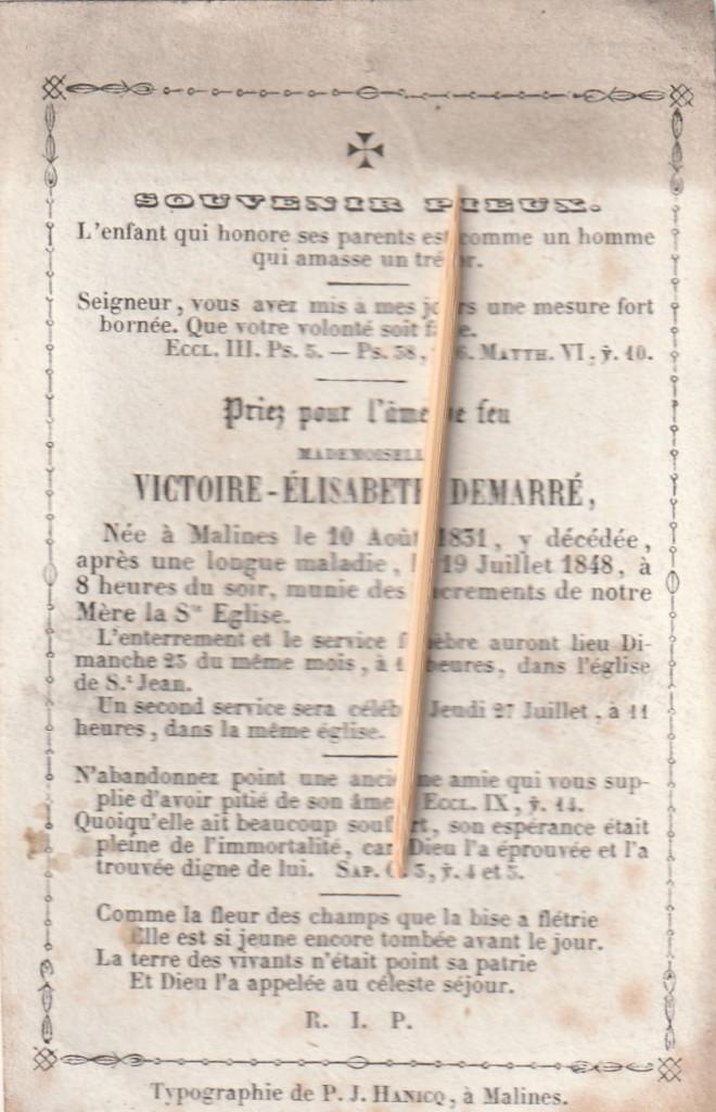 Victorine Demarré, Envoi