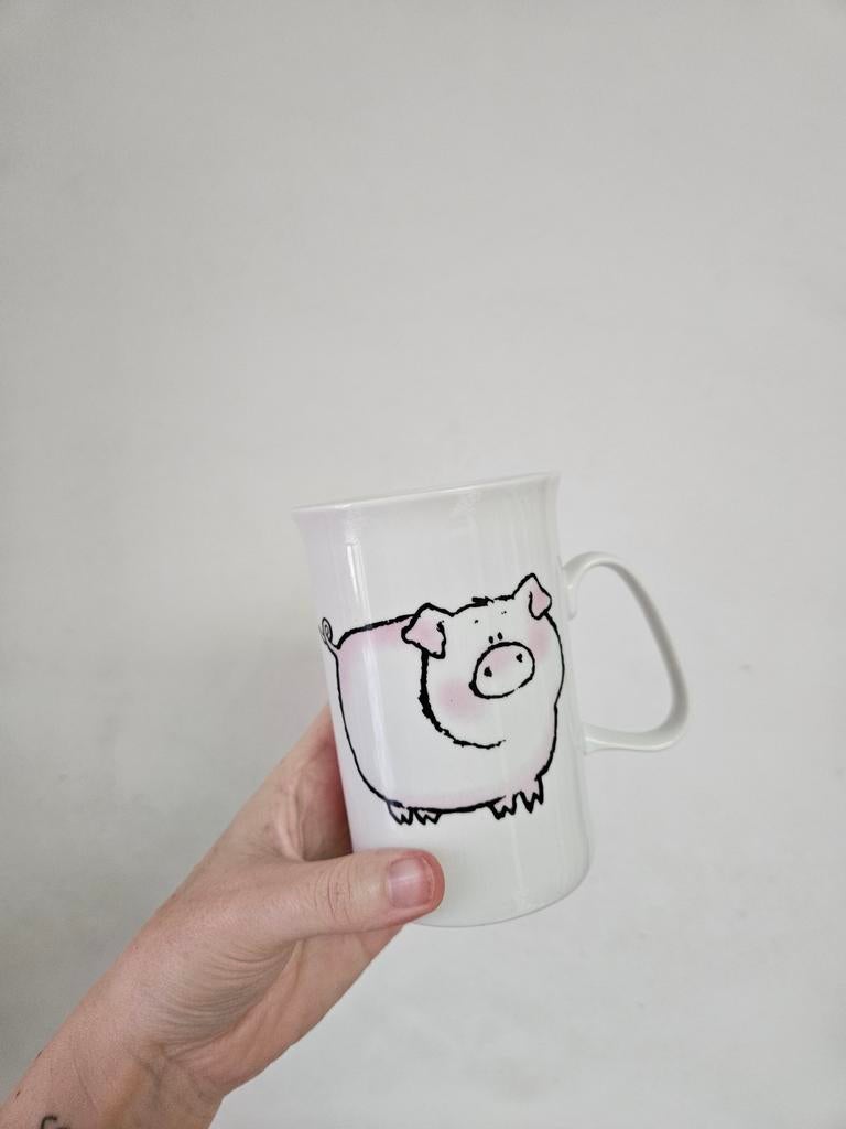 Witte tas met varken, Huis en Inrichting, Keuken | Servies, Ophalen of Verzenden, Zo goed als nieuw, Keramiek, Kop(pen) en/of Schotel(s)