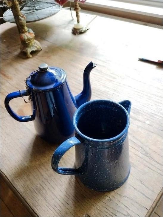 blauw emaille koffie kannen potten decoratie, Ophalen of Verzenden