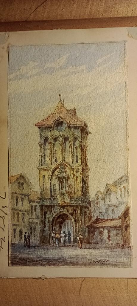 Petite aquarelle signée, Prague, 10x20, n164, Enlèvement ou Envoi
