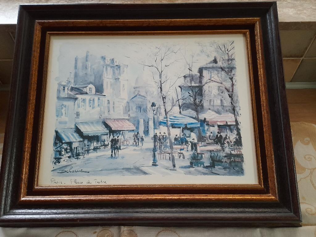 Aquarelprint, Place du tertre, van  Lucien Delarue, Ophalen of Verzenden