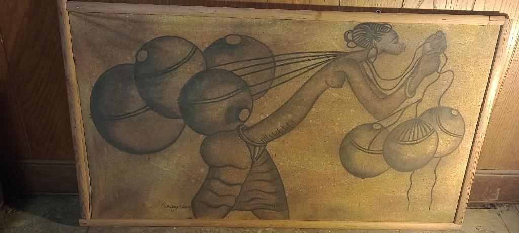 Peinture toile sur bois signée MAKABAYE M.LOMDU,94x53,n332, Antiquités & Art, Enlèvement
