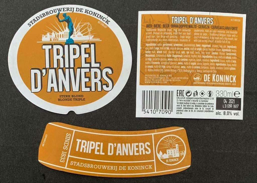 Bieretiket Triple D'Anvers Brouwerij De Koninck (2i9), Verzamelen, Ophalen of Verzenden, Gebruikt, Overige typen, Overige merken