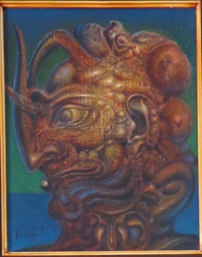 ROGER VAN BELLEGHEM / MYTISCH WEZEN OLIEVERF PANEEL 56x50cm, Ophalen of Verzenden, Gesigneerd, Olieverf