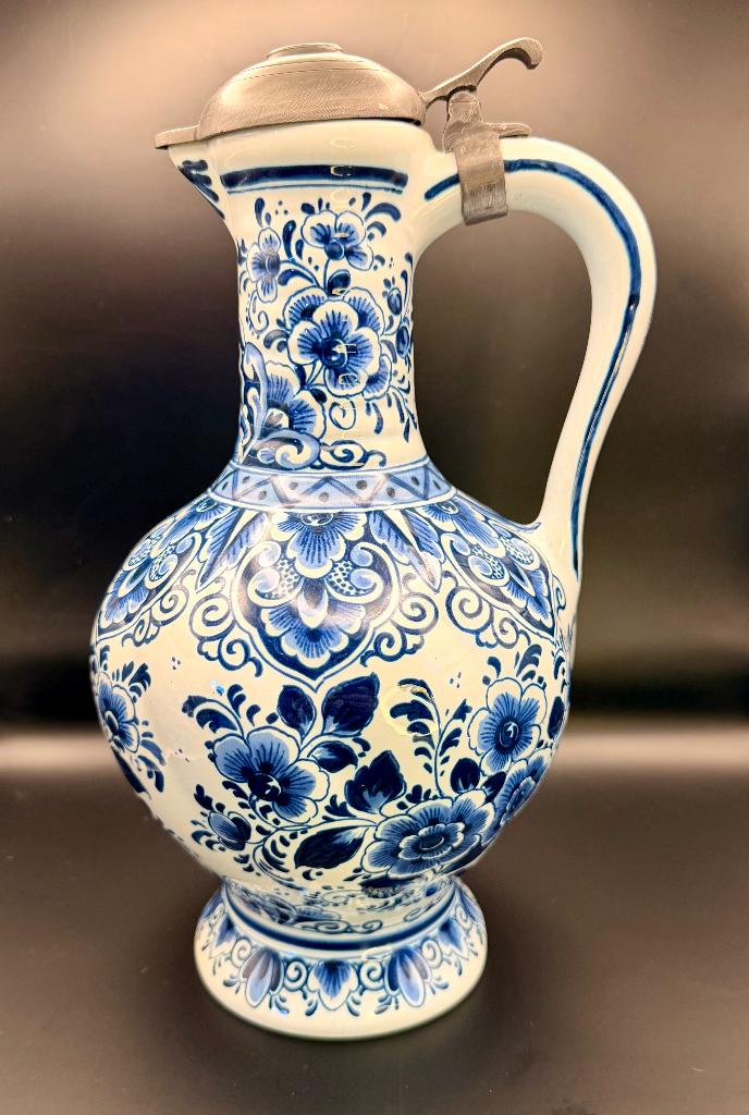 Grote Delfts Blauwe Schenkkan met Tinnen Deksel Porceleyne, Ophalen of Verzenden