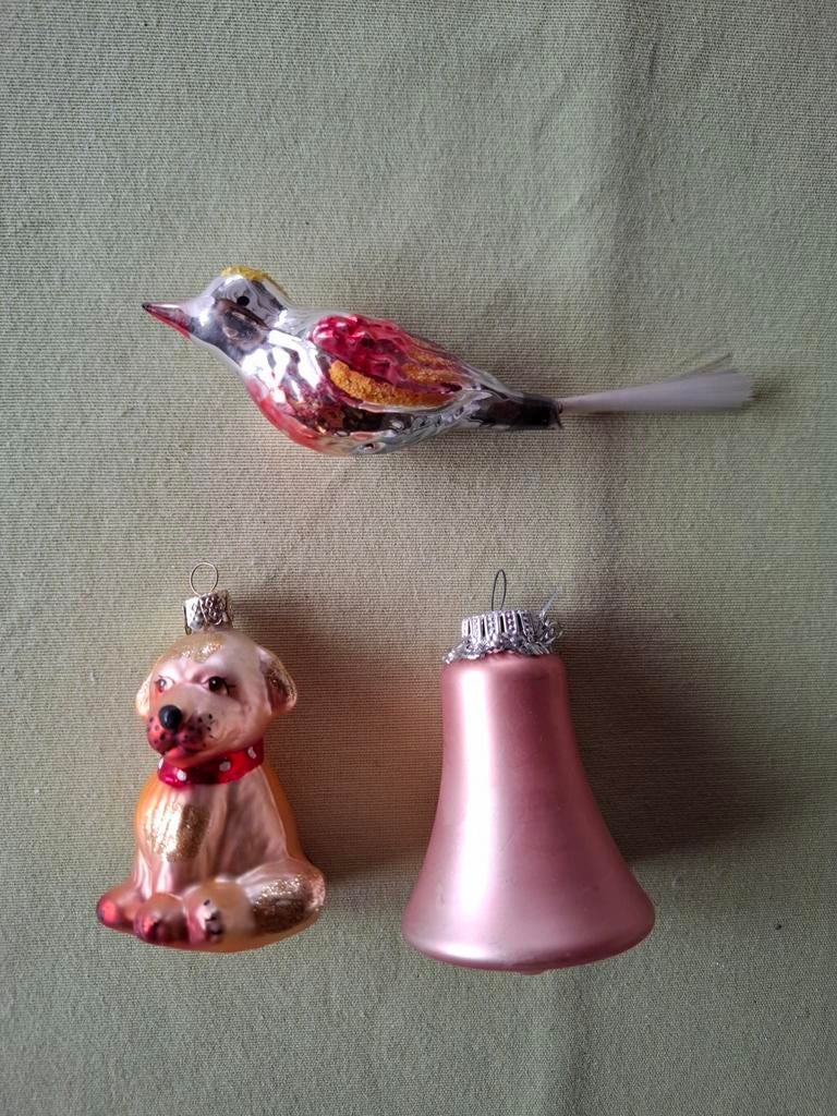 Roze / zilver klokje / hond / vogel kerst ornament vintage, Ophalen of Verzenden, Zo goed als nieuw