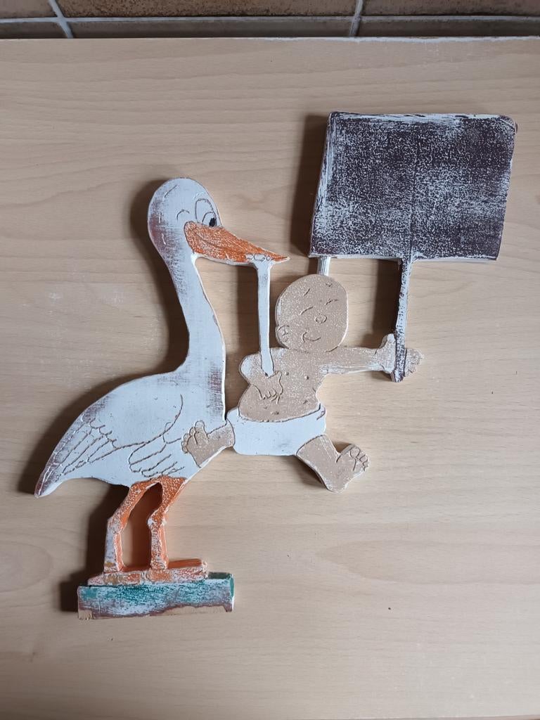 Ooievaar met baby en naambordje (uniek), Ophalen of Verzenden, Gebruikt