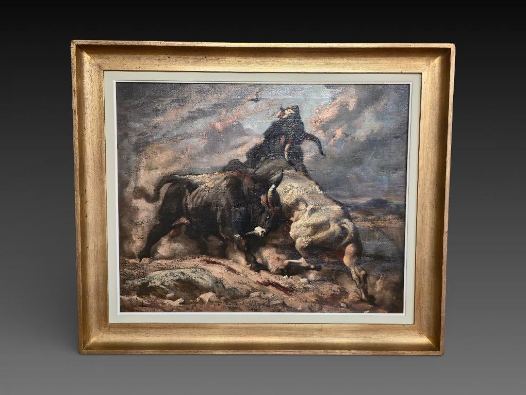 Anonyme, combat de taureaux, huile sur toile, Enlèvement ou Envoi