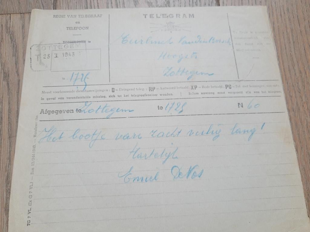 Télégramme Zottegem 1943, Enlèvement ou Envoi