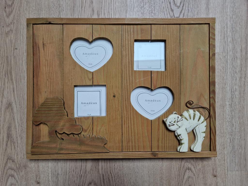 Cadre photos en bois avec un chat, Moins de 50 cm, Enlèvement ou Envoi, Comme neuf, Bois