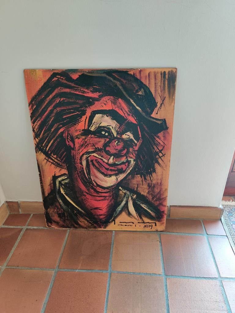 Kunstwerk "clown"met felle kleuren, Tessely Stefaan, Enlèvement