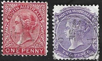 2 Postzegels Zuid-Australië 1899 Koningin Victoria, Postzegels en Munten, Postzegels | Oceanië, Ophalen of Verzenden, Gestempeld