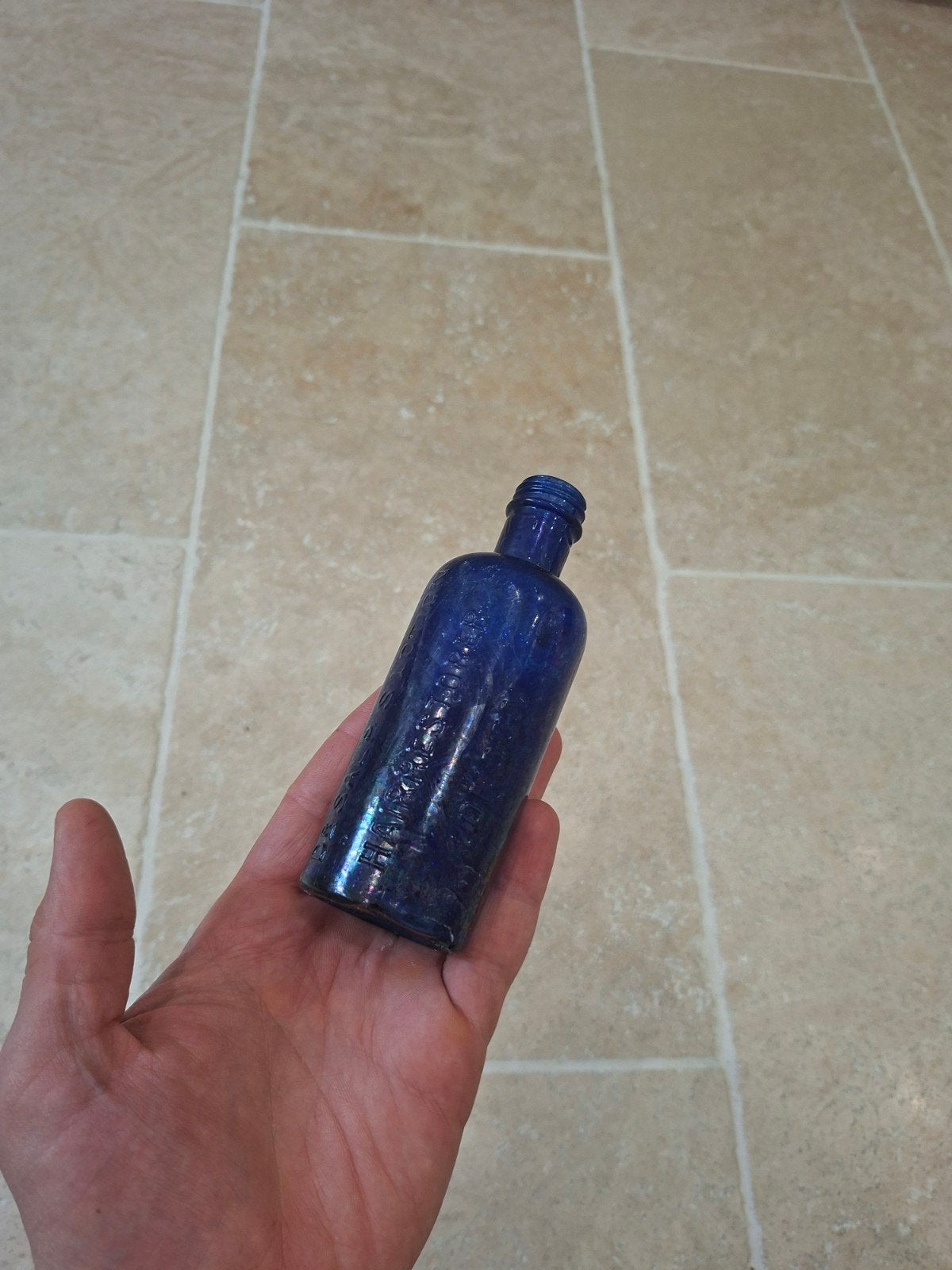 Vintage blauwe fles - Dr Salp S Lotion Hairrestorer lond, Antiek en Kunst, Ophalen of Verzenden