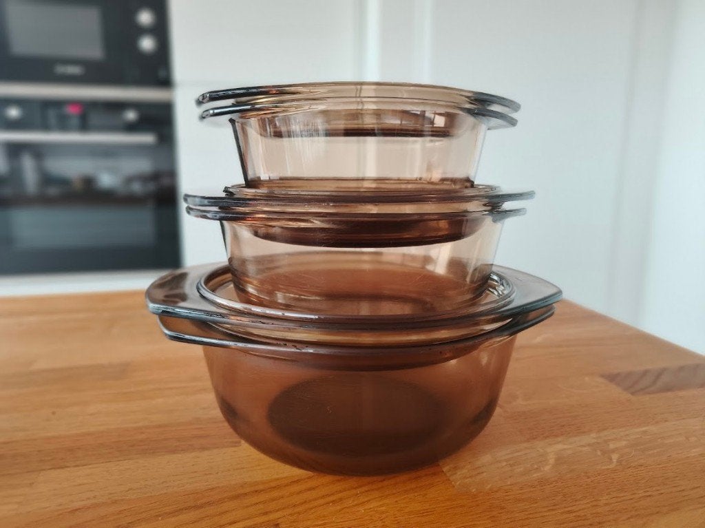 Set vintage ovenschalen in bruin glas - Arcopel France, Ophalen