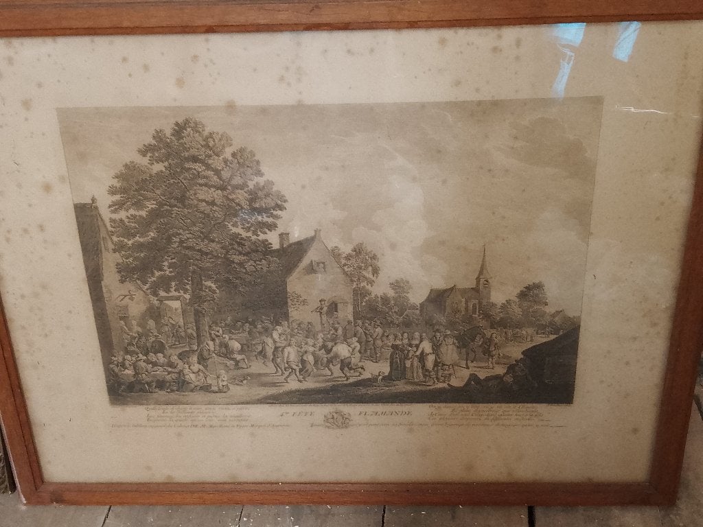 Gravure ancienne XVIIIe - "4ème Fête Flamande", Antiek en Kunst, Ophalen, Gravure, 1700 - 1799