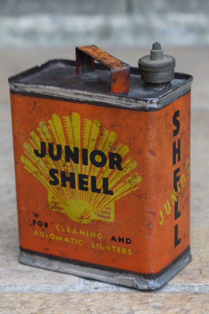bidon huile anglais shell junior de 1930, Collections, Enlèvement ou Envoi, Utilisé, Panneau publicitaire