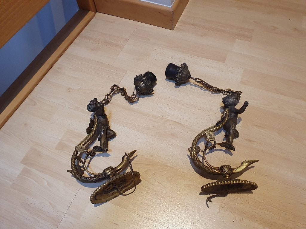 Paar antieke wandlampen met cherubijnen - messing/brons, Ophalen of Verzenden