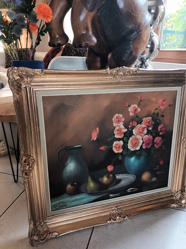 Schilderij stilleven , bloemen , zeer mooi, Peinture à l'huile, Signé, Enlèvement, Toile